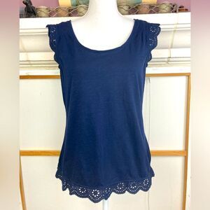 Boden NWOT Dark Blue Eyelet sleeves and bottom Top